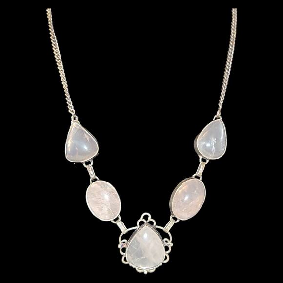 Vintage Silver Tone Pale Pink Translucent Quartz Cabochon Statement Necklace 16" - Picture 3 of 8